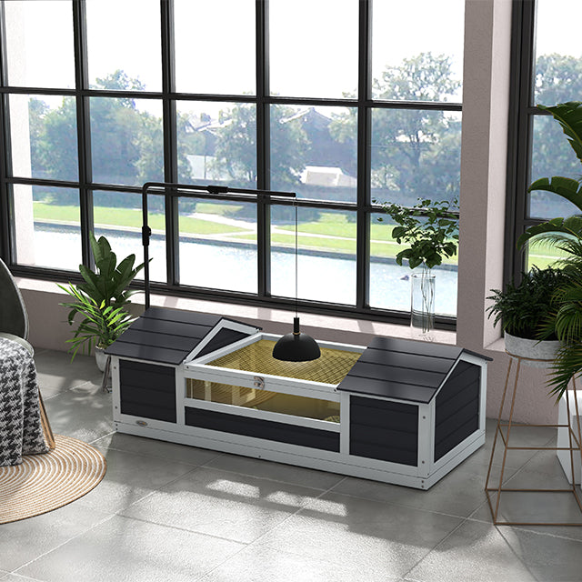 Casa para tortugas de tierra de exterior con 2 nidos, techo abatible y soporte de lámpara, madera maciza, 120x56,5x43 cm, gris-9