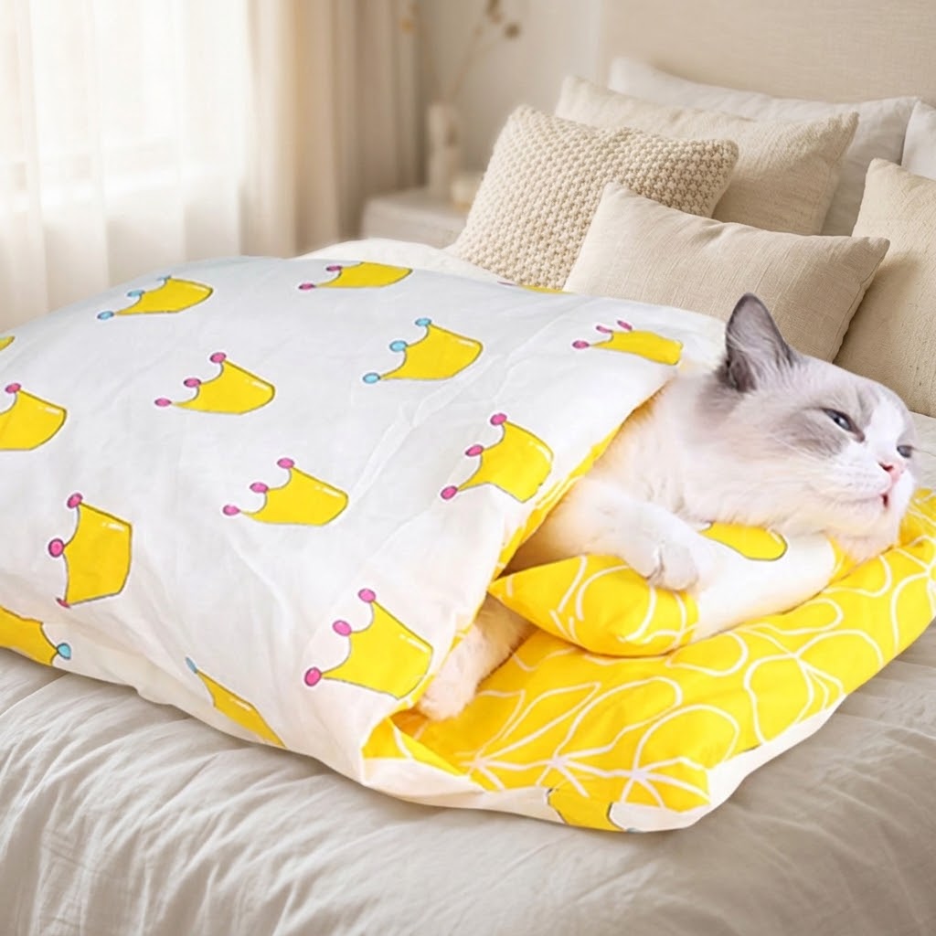 Saco de dormir extraíble para gatos en dormitorio luminoso