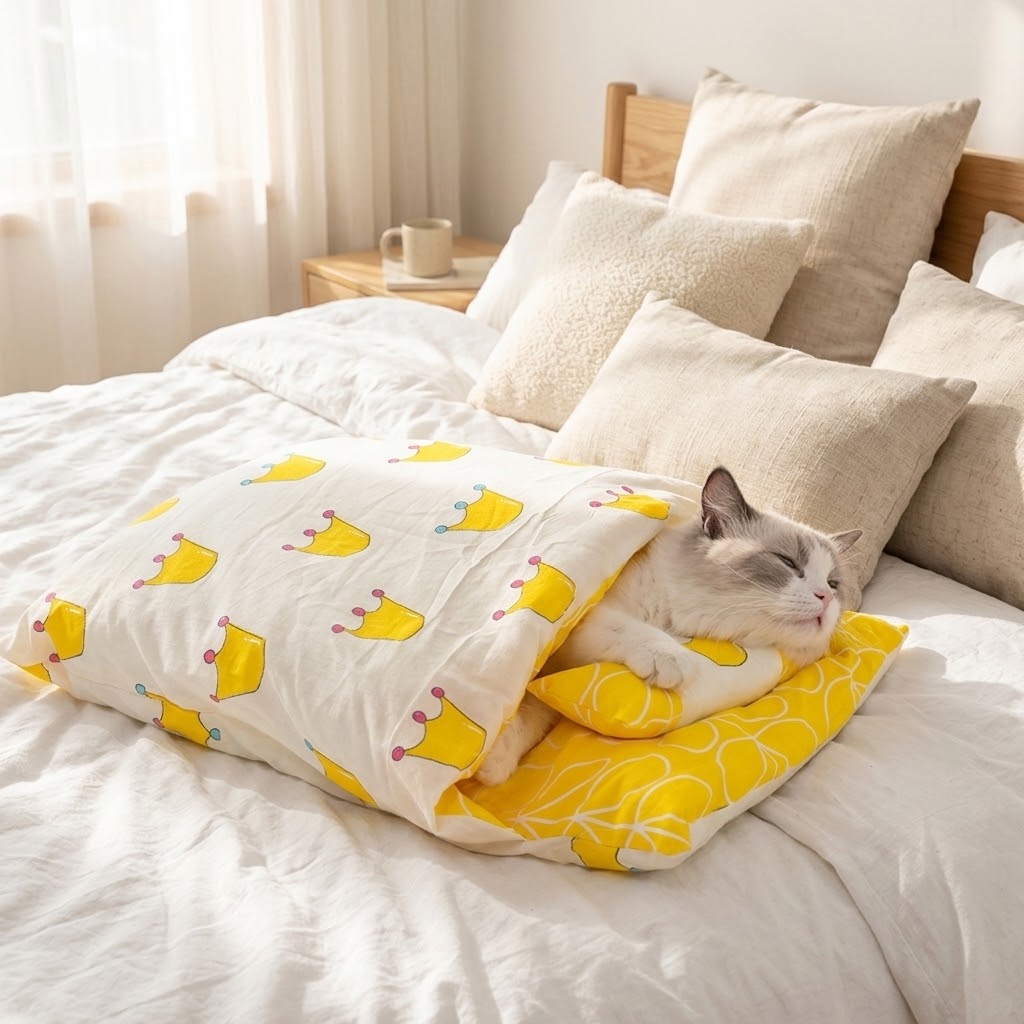 Saco de dormir cálido para gatos con gato atigrado sobre la cama