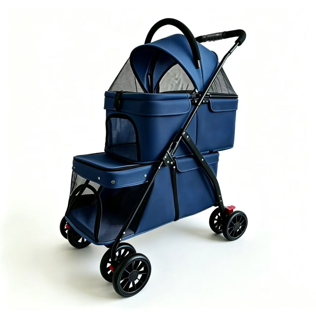 Foldable double dog stroller with two compartments