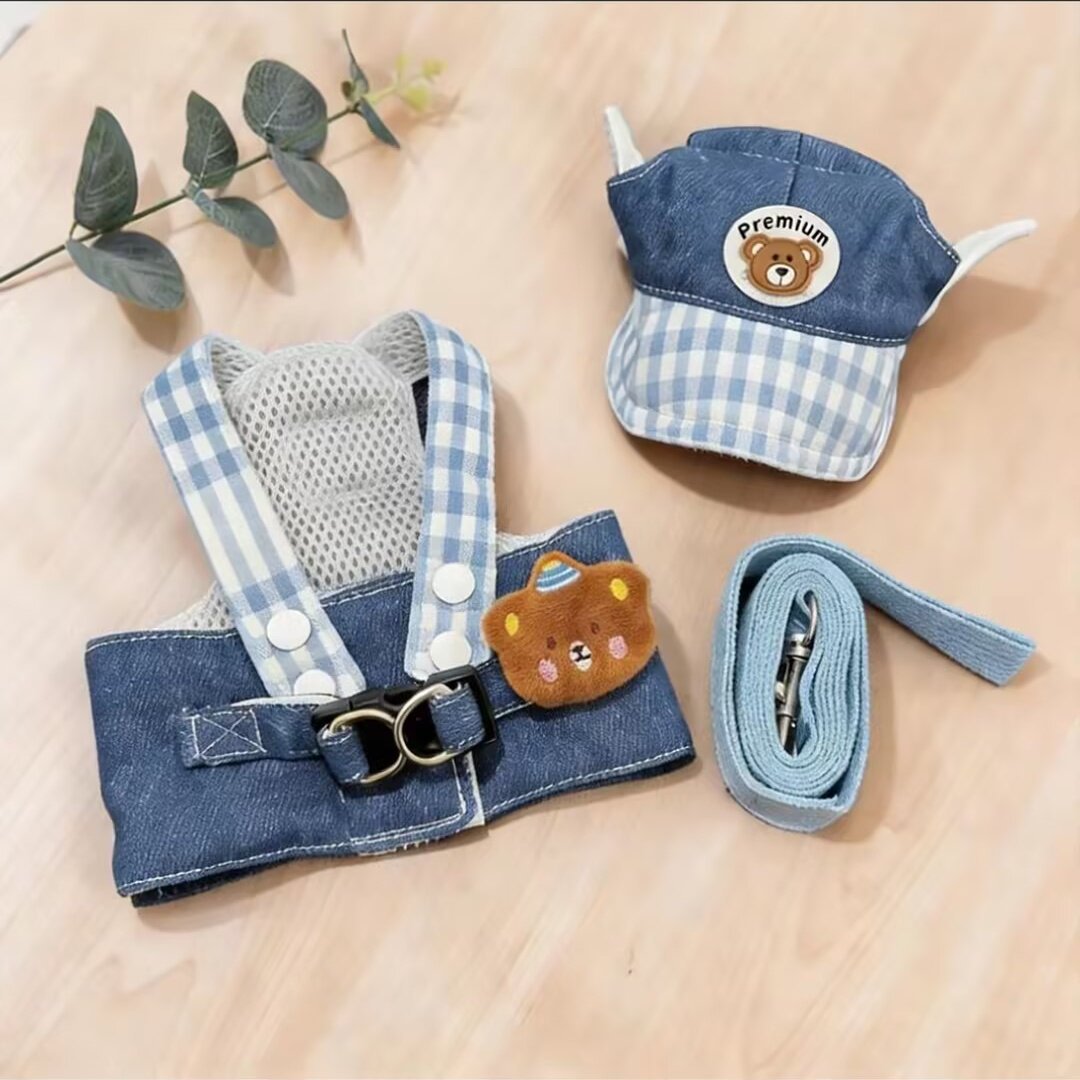 Arnés Ajustable con Correa y Sombrero para Perros y Gatos – Set vaquero con oso