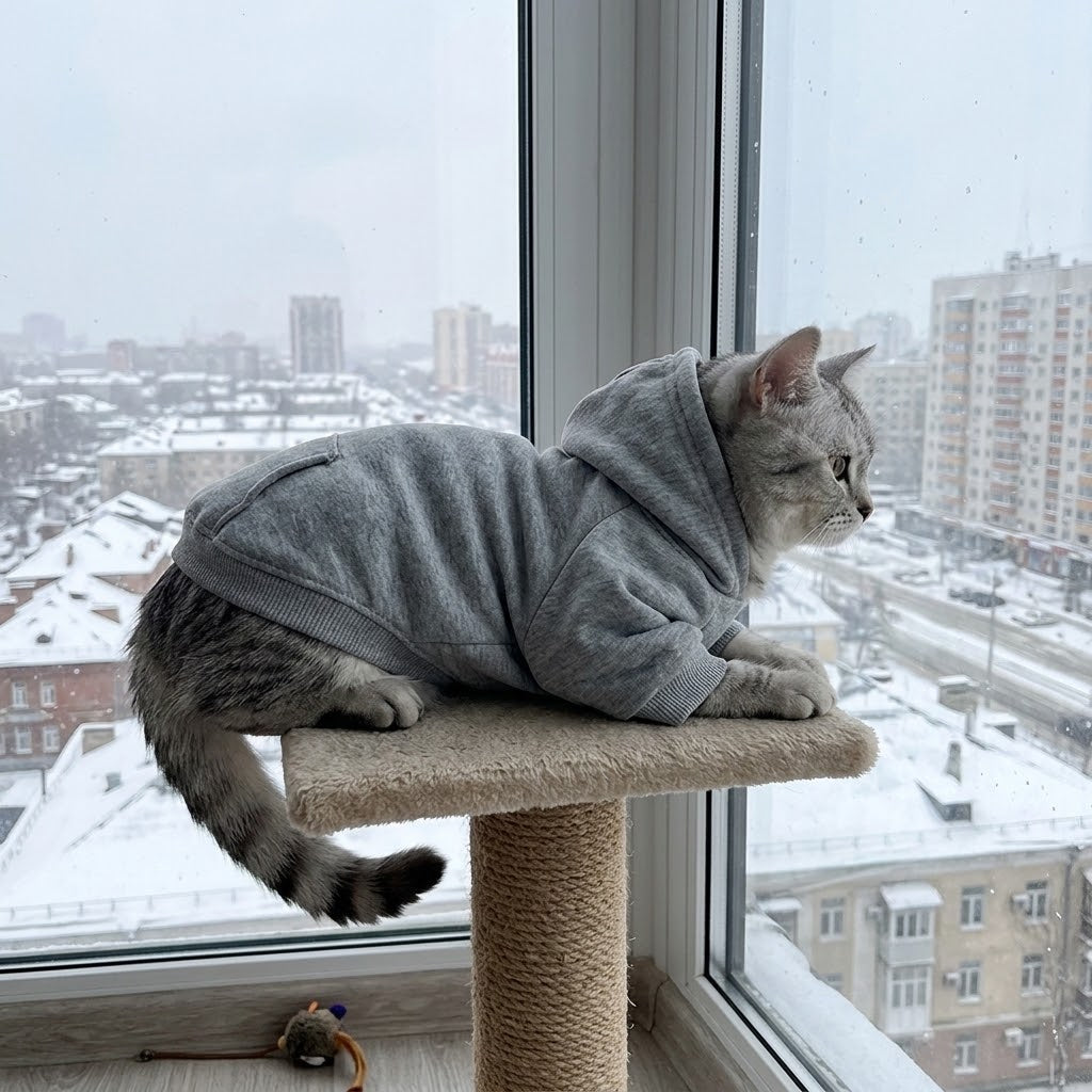 Gato con sudadera gris con capucha en un rascador junto a una ventana con vistas nevadas