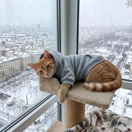 Gato atigrado con abrigo gris con capucha descansando junto a la ventana en invierno