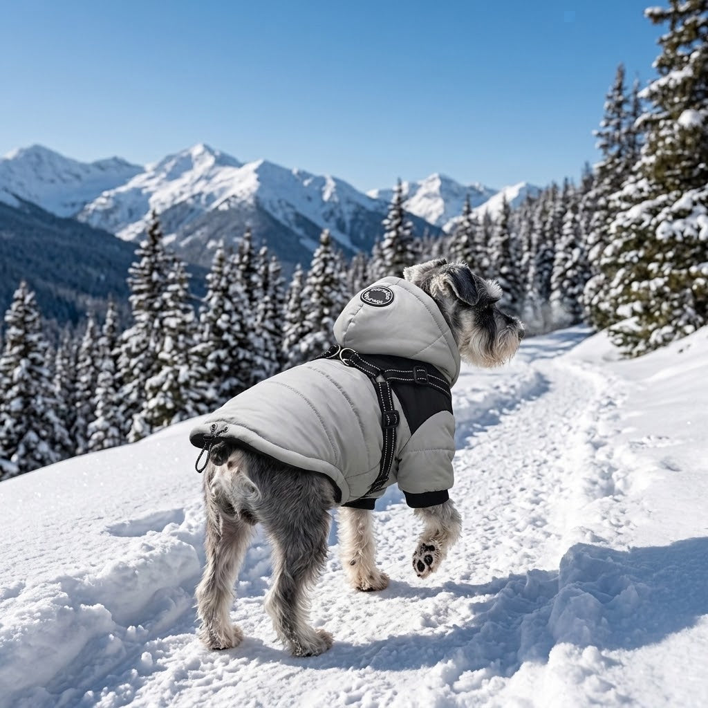 Perro con chaqueta de invierno con arnés integrado paseando por la nieve