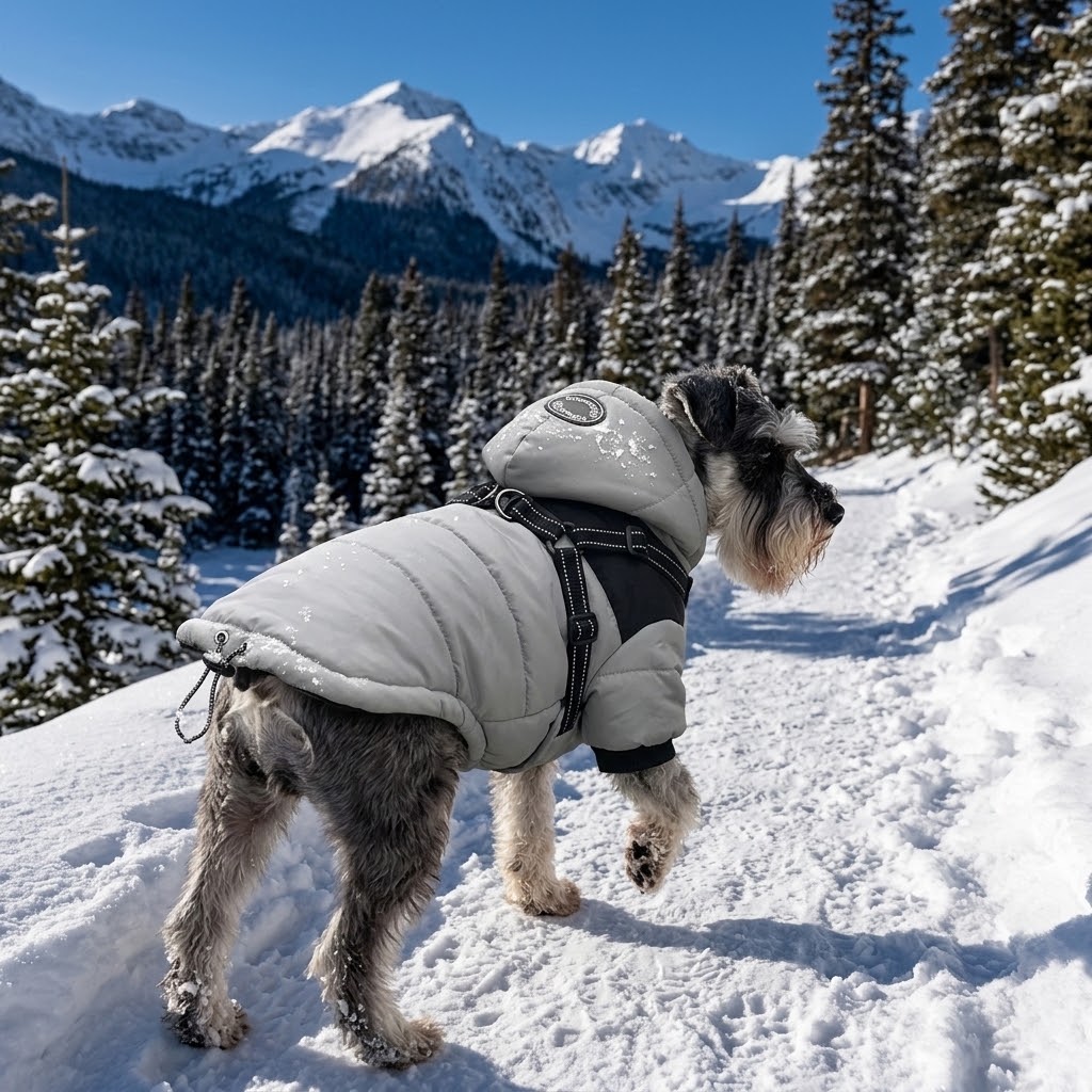 Chaqueta de invierno con arnés puesta en schnauzer en sendero de montaña nevado