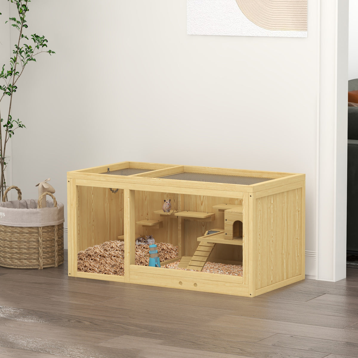 Jaula de madera para hámster y gerbilos con varios niveles