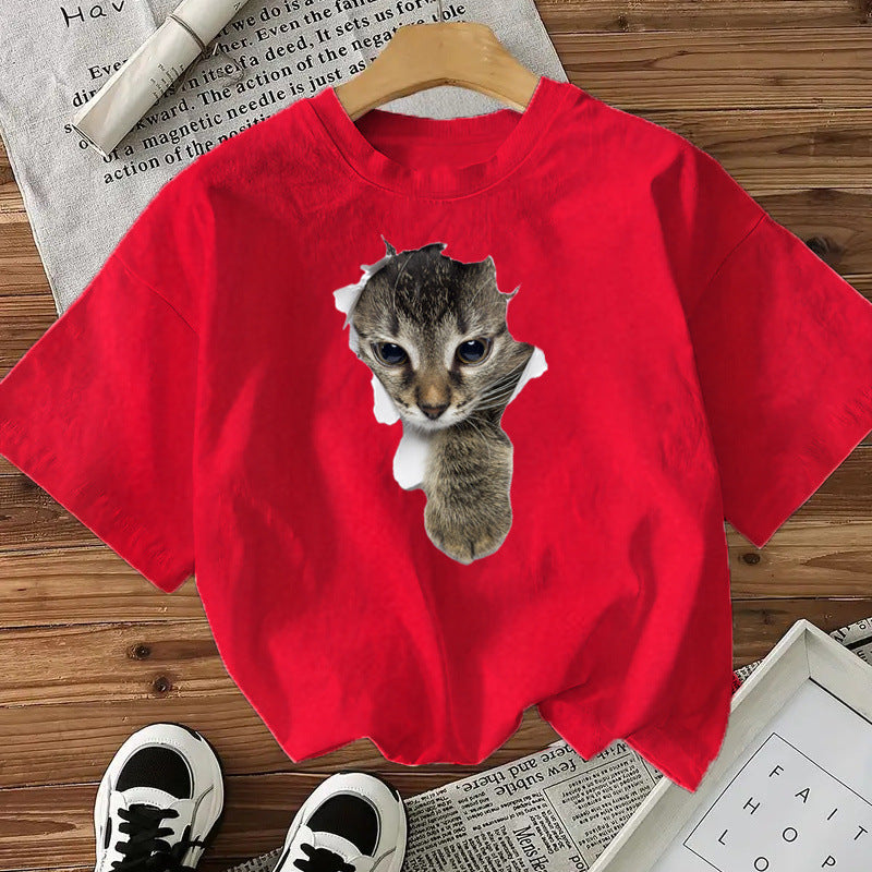 Camiseta de algodón con estampado de gatos para mujer
