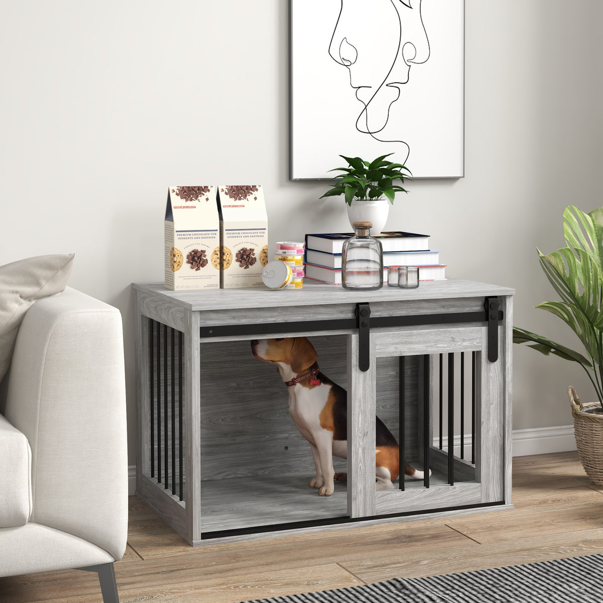 Jaula para perros de interior con puerta corredera y mesa