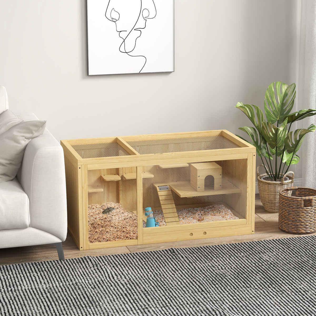 Jaula de madera para hámster y gerbilos con varios niveles