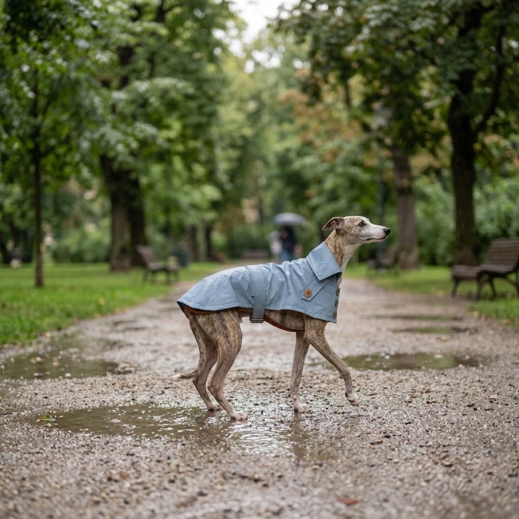 Galgo con gabardina impermeable azul claro en un parque con charcos