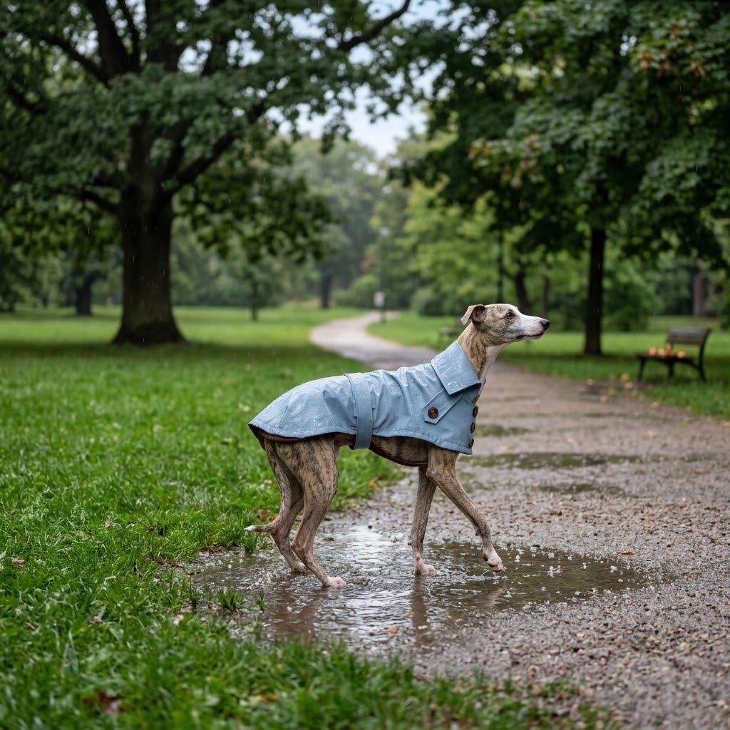 Galgo con gabardina azul claro Mellow paseando un día de lluvia