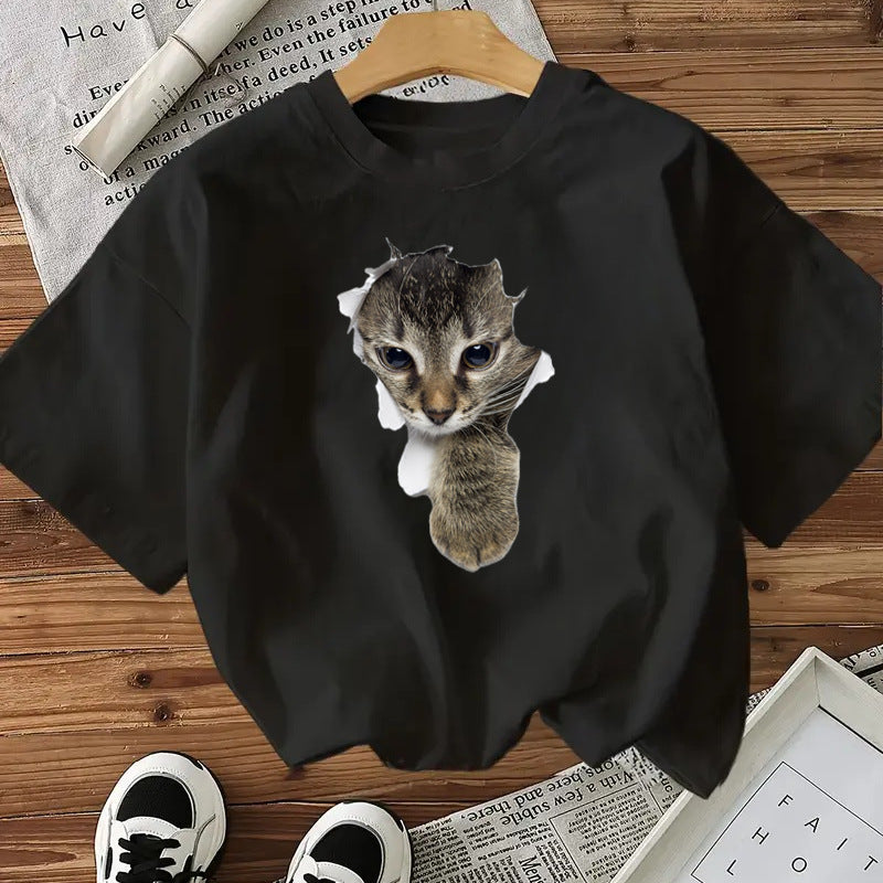 Camiseta de algodón con estampado de gatos para mujer