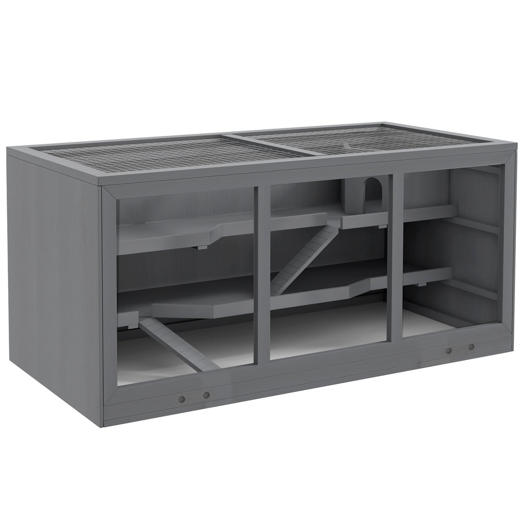 Jaula para hámster de 2 niveles con techo abatible, ventanas, casita y 2 escaleras, 115x57x55 cm, gris-0