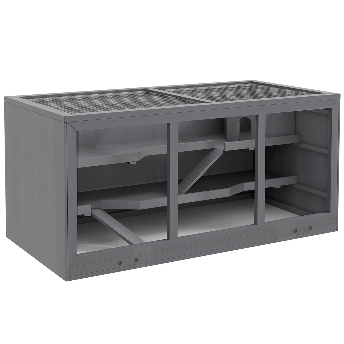 Jaula para hámster de 2 niveles con techo abatible, ventanas, casita y 2 escaleras, 115x57x55 cm, gris-0