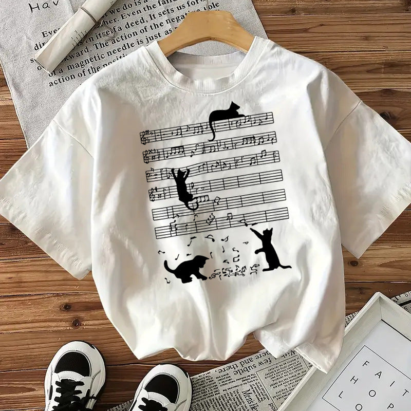 Camiseta de algodón con gatos para mujer