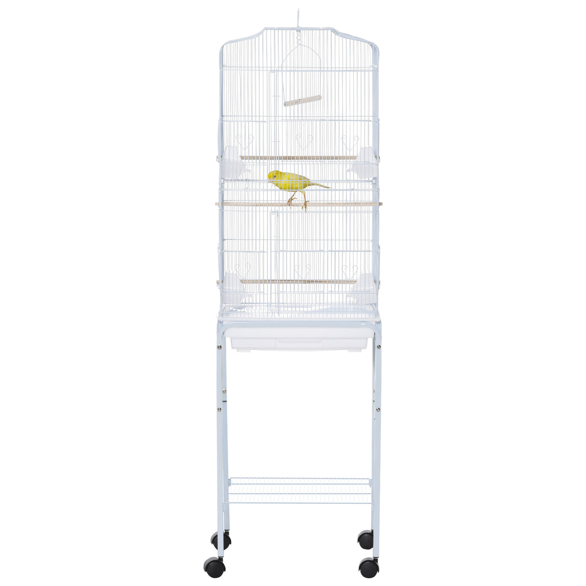 Jaula para pájaros con soporte, ruedas y estante, 157 cm, blanca