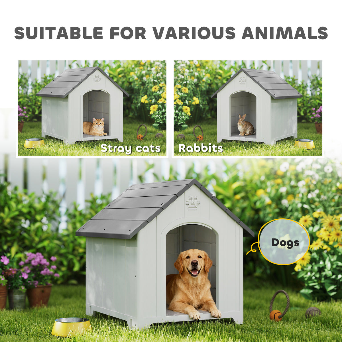 Caseta de plástico gris para perros grandes hasta 30 kg, 88x79x89 cm