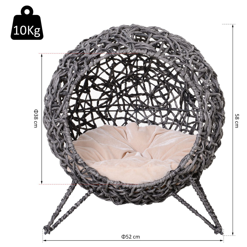 Cama cueva elevada de ratán para gatos con cojín, gris