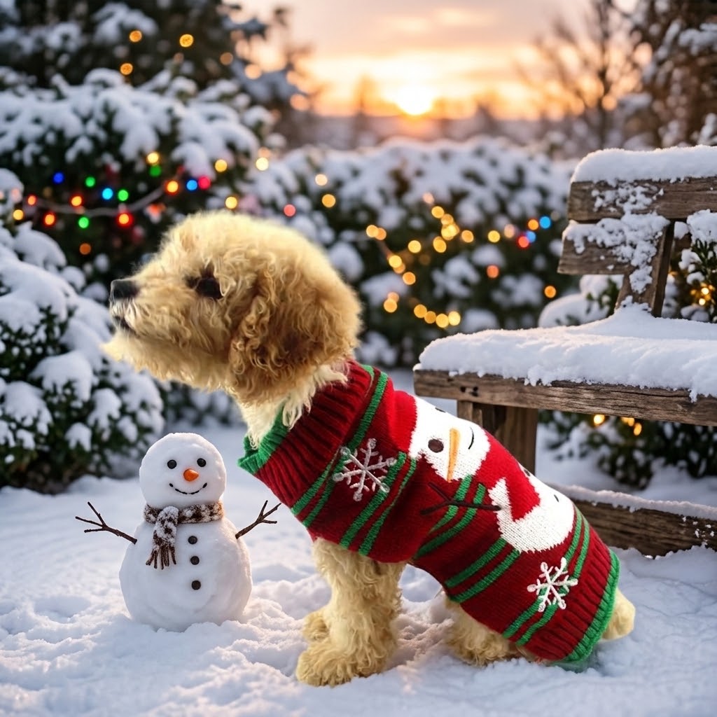 Perro con jersey navideño de punto junto a un muñeco de nieve en un jardín nevado
