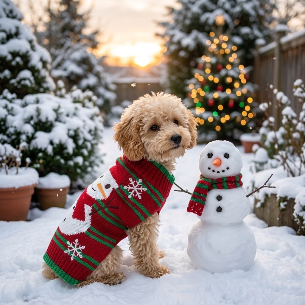 Perro con jersey navideño rojo y verde en la nieve con luces de Navidad