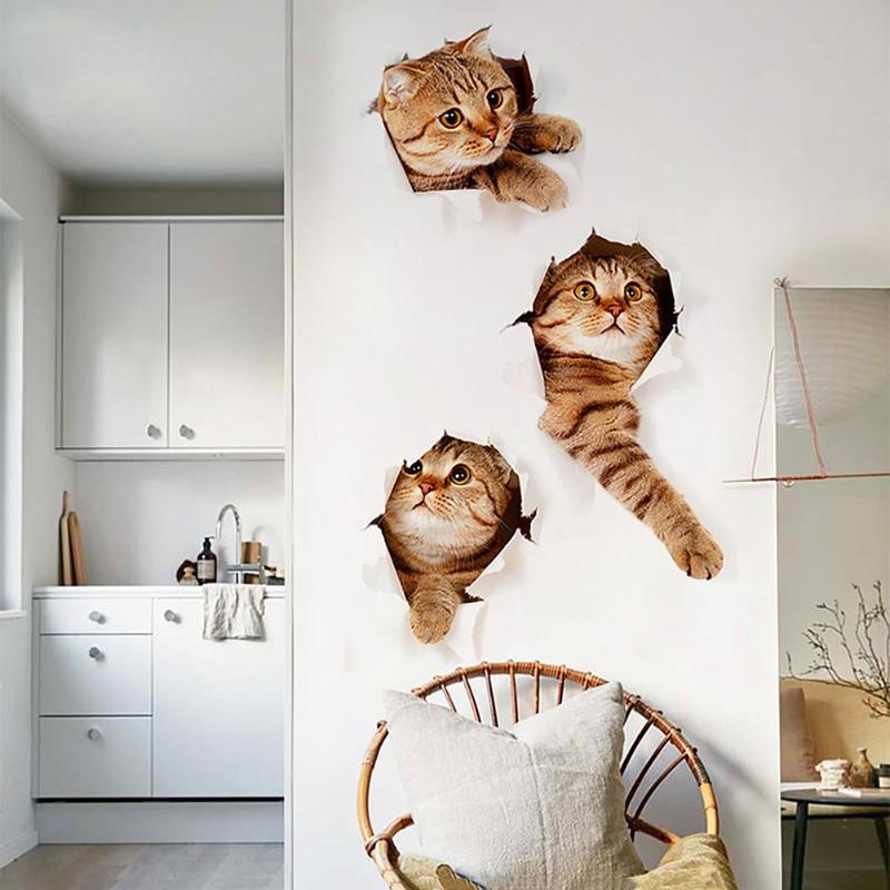 Pegatina de pared 3D con diseño de gato para baño