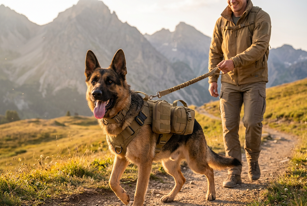 Set de excursión para perros: chaleco táctico con botiquín, portabotellas y bolsas (4 o 6 piezas)