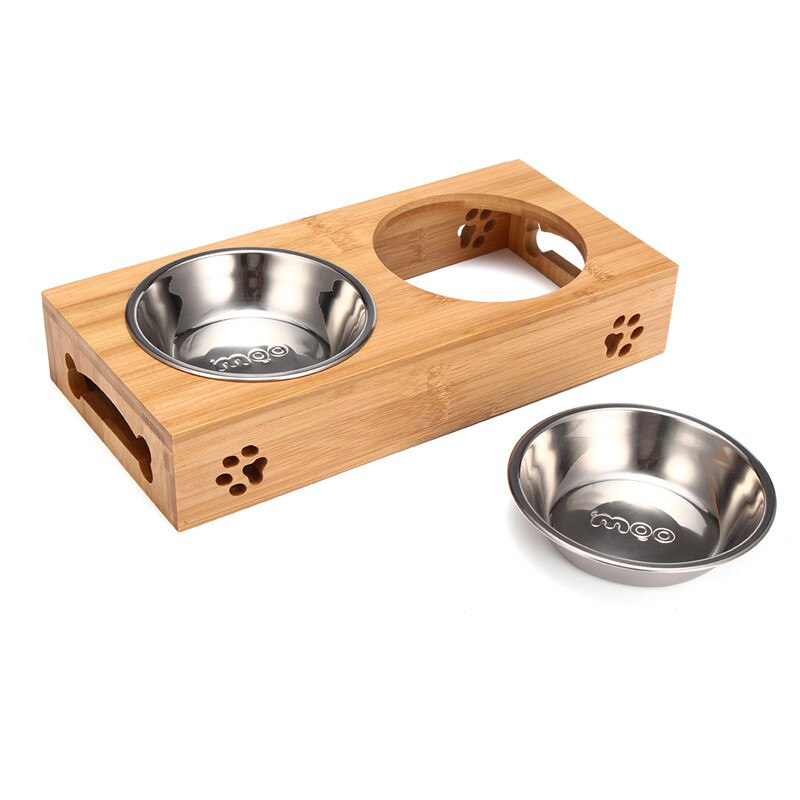 Comedero de acero inoxidable con soporte de bambú