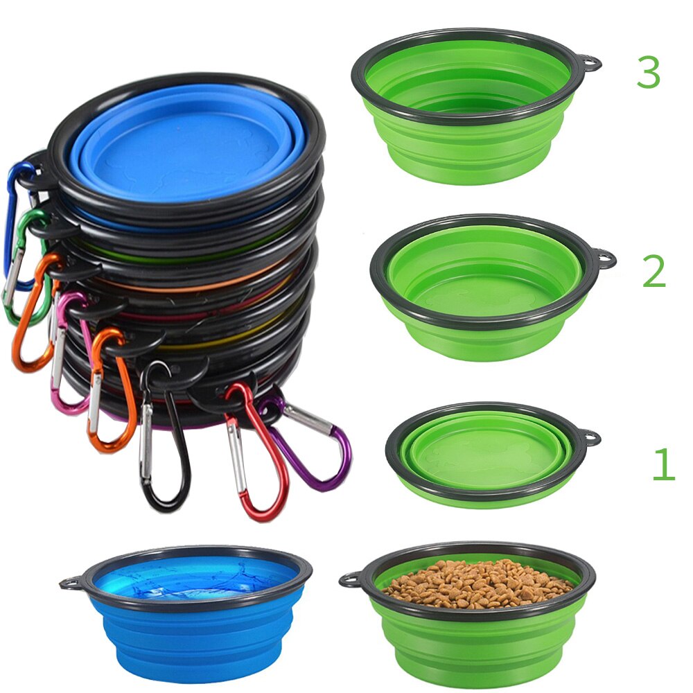 Cuenco plegable de silicona para perros y gatos con mosquetón
