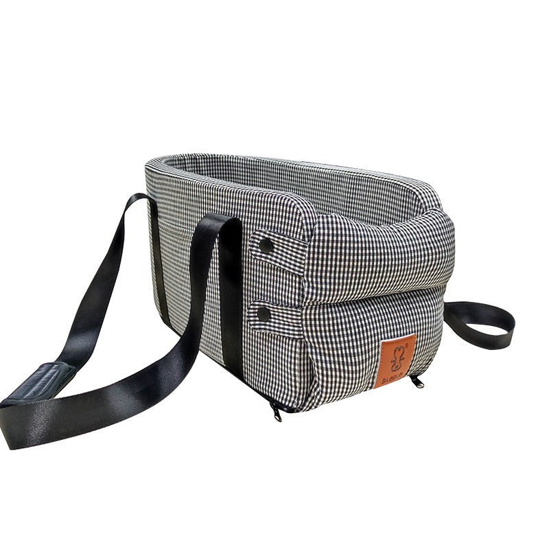 Cama elevadora para coche con correa de seguridad para perros – Black and white small grid