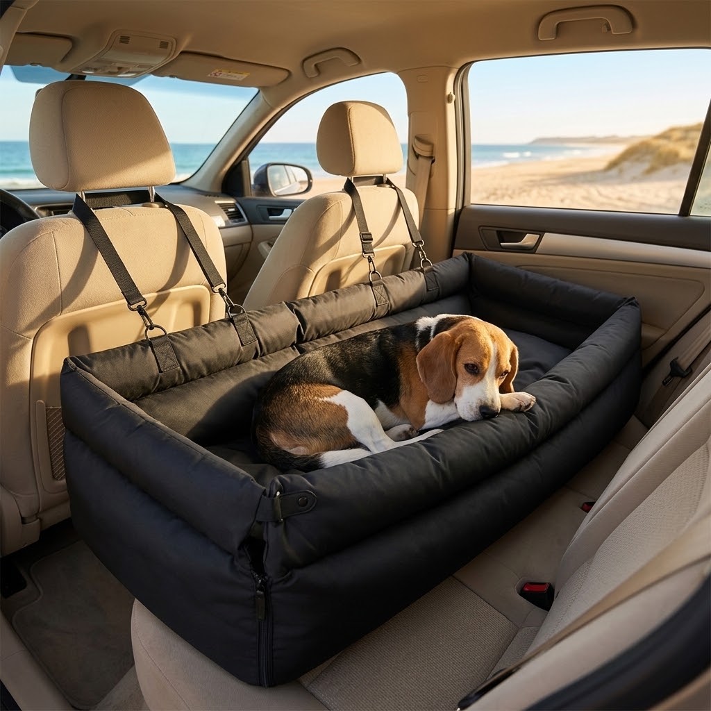 Cama de coche lavable con beagle en el asiento trasero junto a la playa