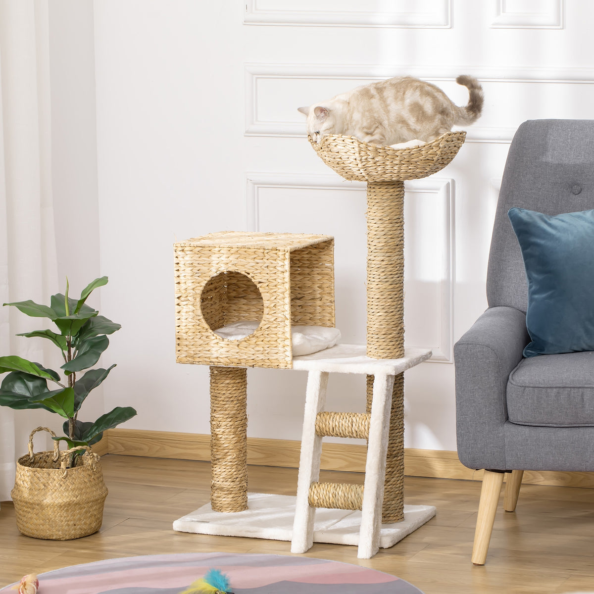 Árbol rascador de 100 cm con cueva de totora y cama para gatos