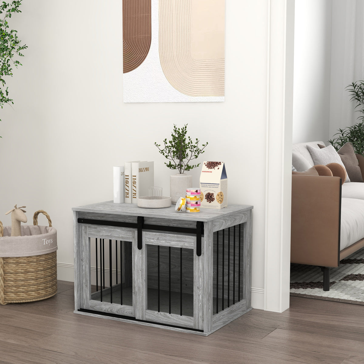 Jaula para perros de interior con puerta corredera y mesa