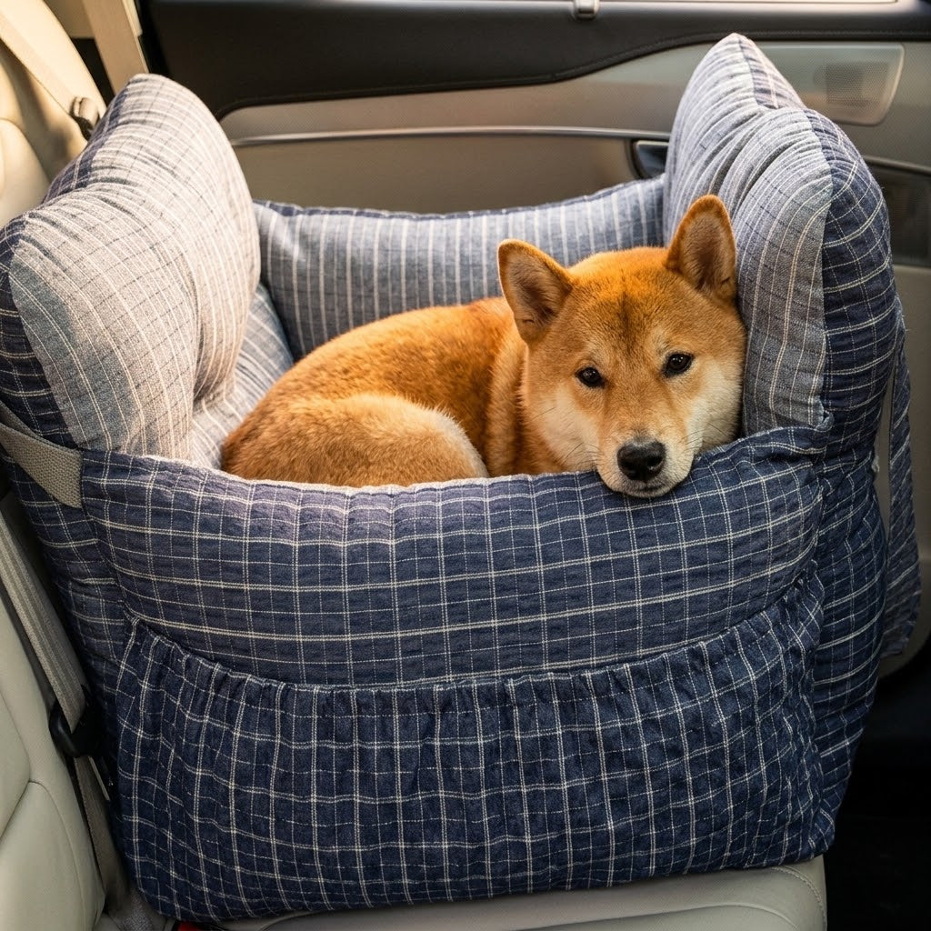 Cama portátil para coche con shiba inu en el asiento trasero