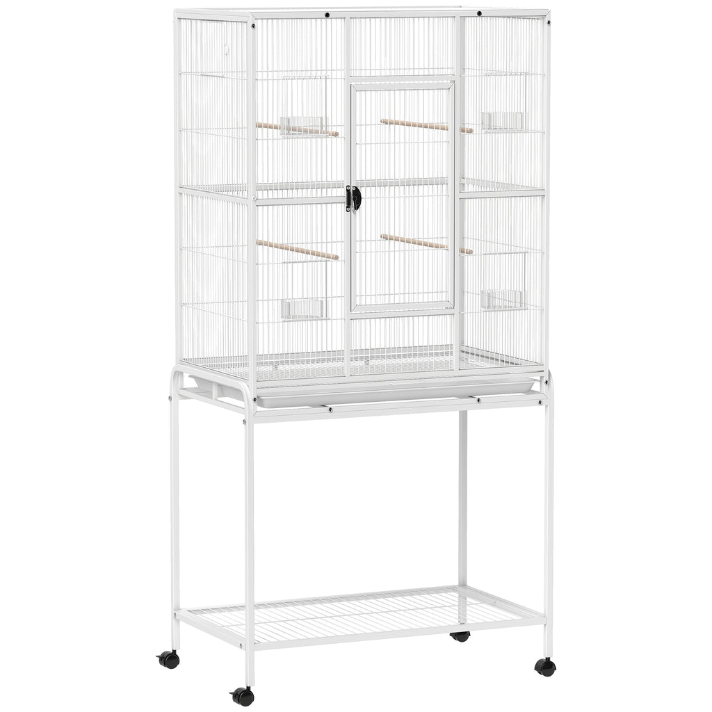 Jaula para pájaros con ruedas, 4 comederos y 4 perchas, 81x48x162,5 cm, blanca-0