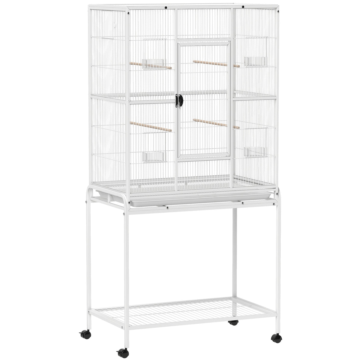 Jaula para pájaros con ruedas, 4 comederos y 4 perchas, 81x48x162,5 cm, blanca-0