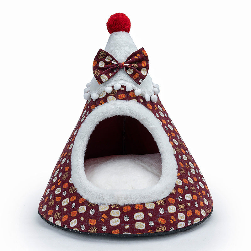 Cama cueva gorro de Navidad para gatos y perros pequeños