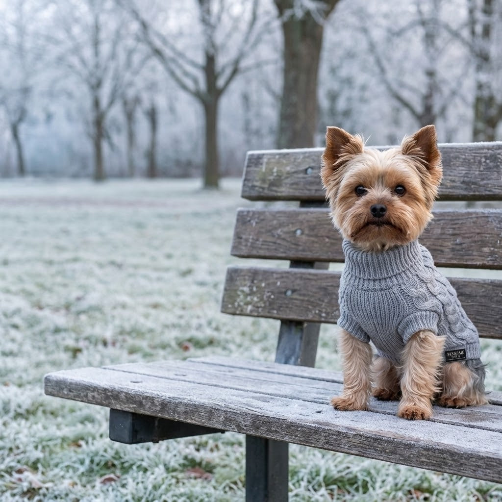 Yorkshire con jersey gris de punto trenzado sentado en un banco del parque en invierno
