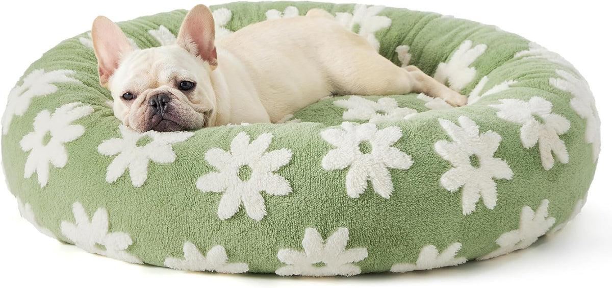 Cama redonda de tela para mascotas – Pétalos verdes, no lavable