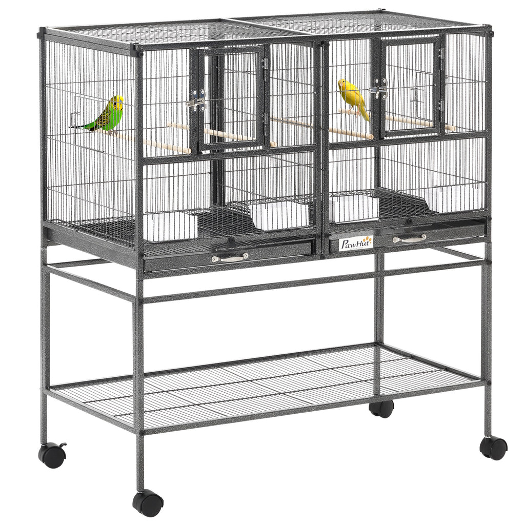 Jaula doble para pájaros con separador y ruedas, 95 x 45,5 x 102 cm