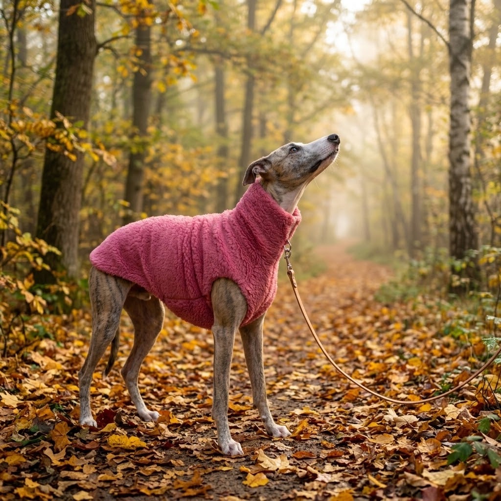 Galgo con chaleco de lana rosa Mellow paseando por un bosque en otoño