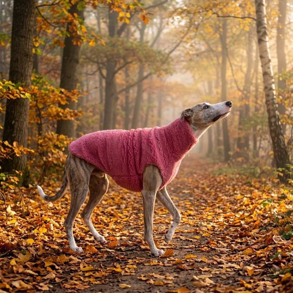 Galgo con chaleco rosa de lana en un sendero con hojas doradas y niebla