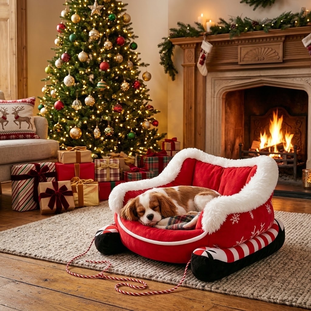 Cama trineo navideña para perros y gatos junto a chimenea encendida