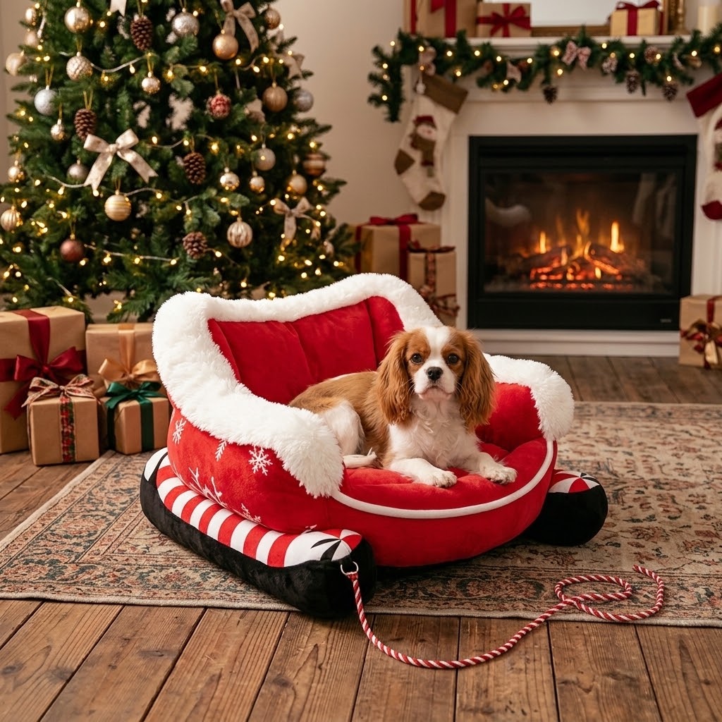 Cama trineo navideña con cachorro junto al árbol de Navidad