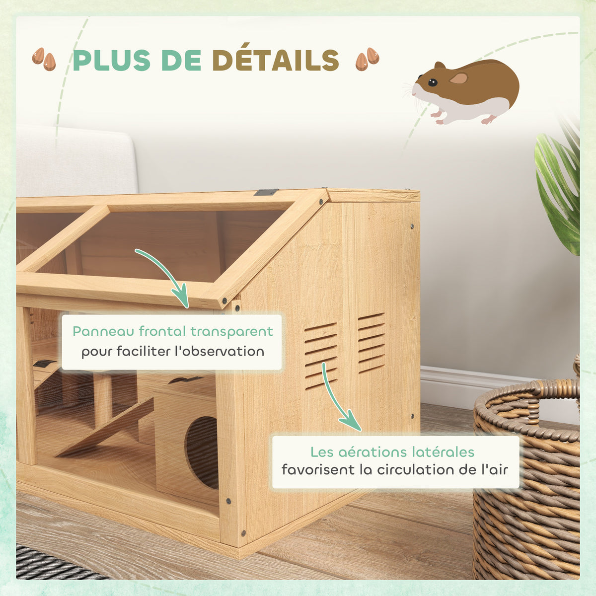 Jaula de madera para hámster con cabaña y escaleras, 85 x 45 x 44 cm