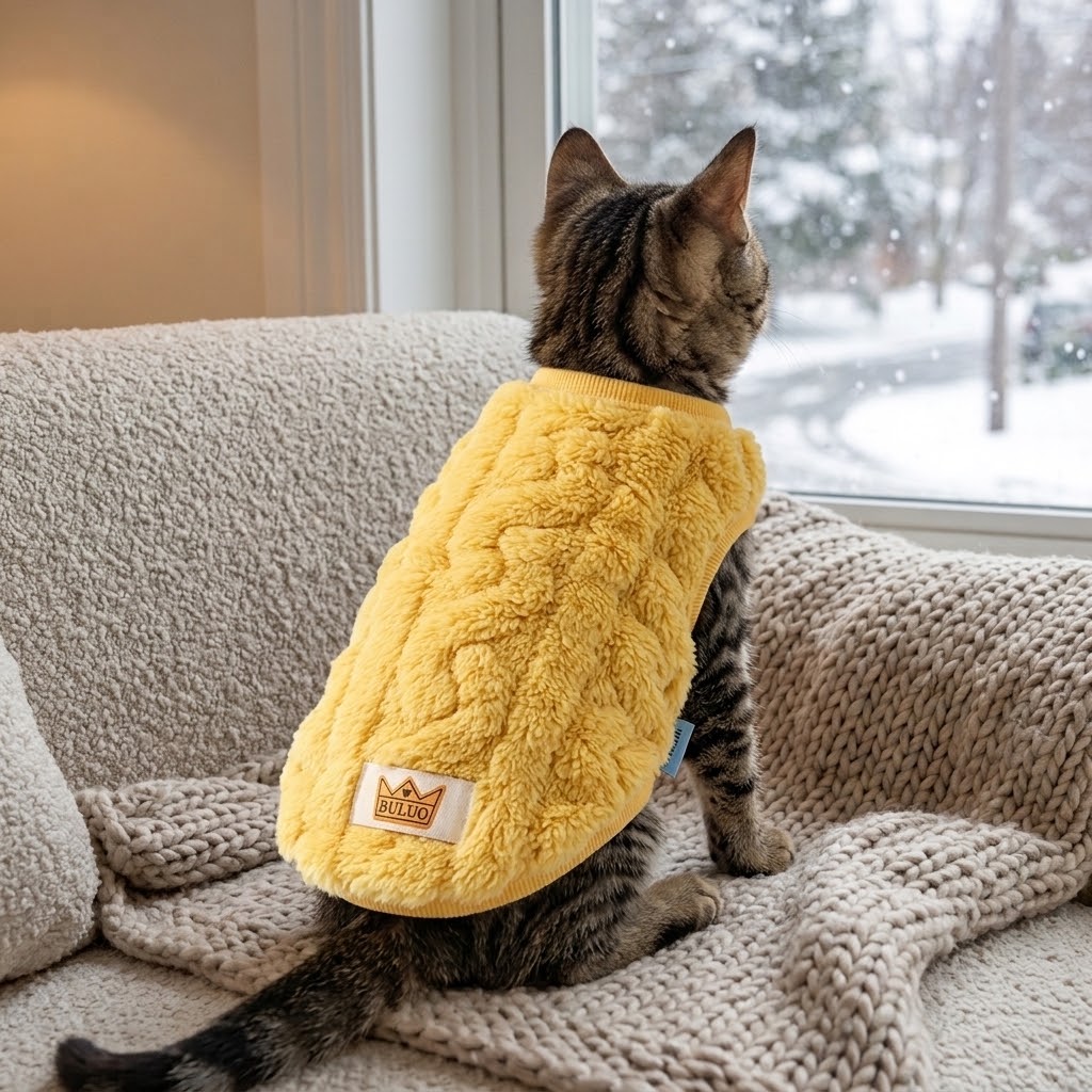 Gato con chaleco de terciopelo sobre manta de punto en invierno