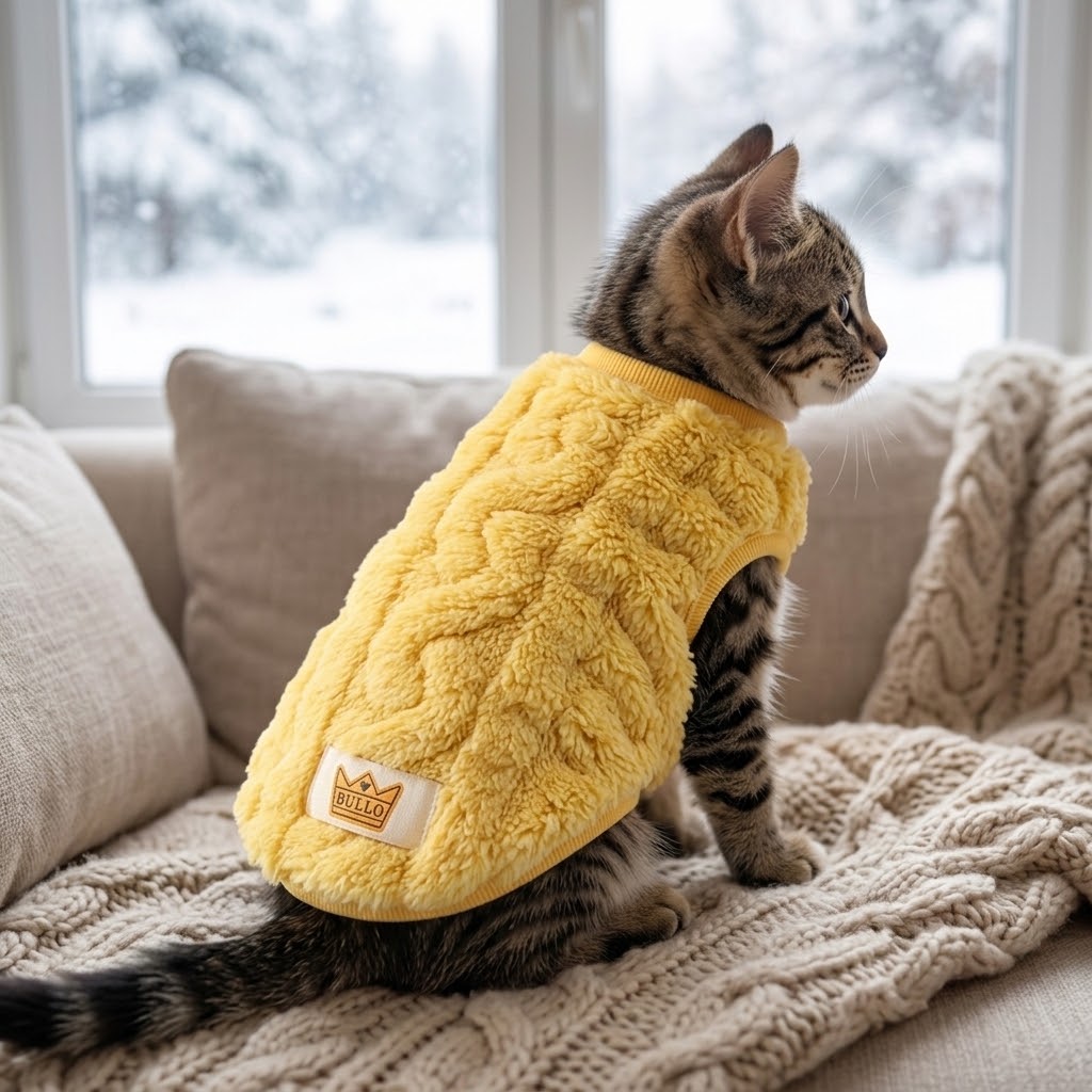 Chaleco cálido de terciopelo amarillo puesto en gatito atigrado junto a ventana nevada