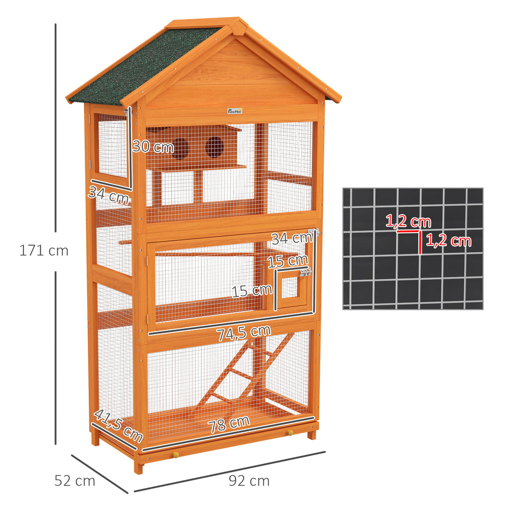Jaula de madera para pájaros con zona de juegos y techo impermeable, 92x52x171 cm, naranja-2