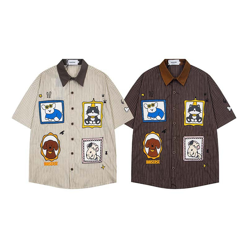 Camisa bordada de manga corta con perros y gatos para personas