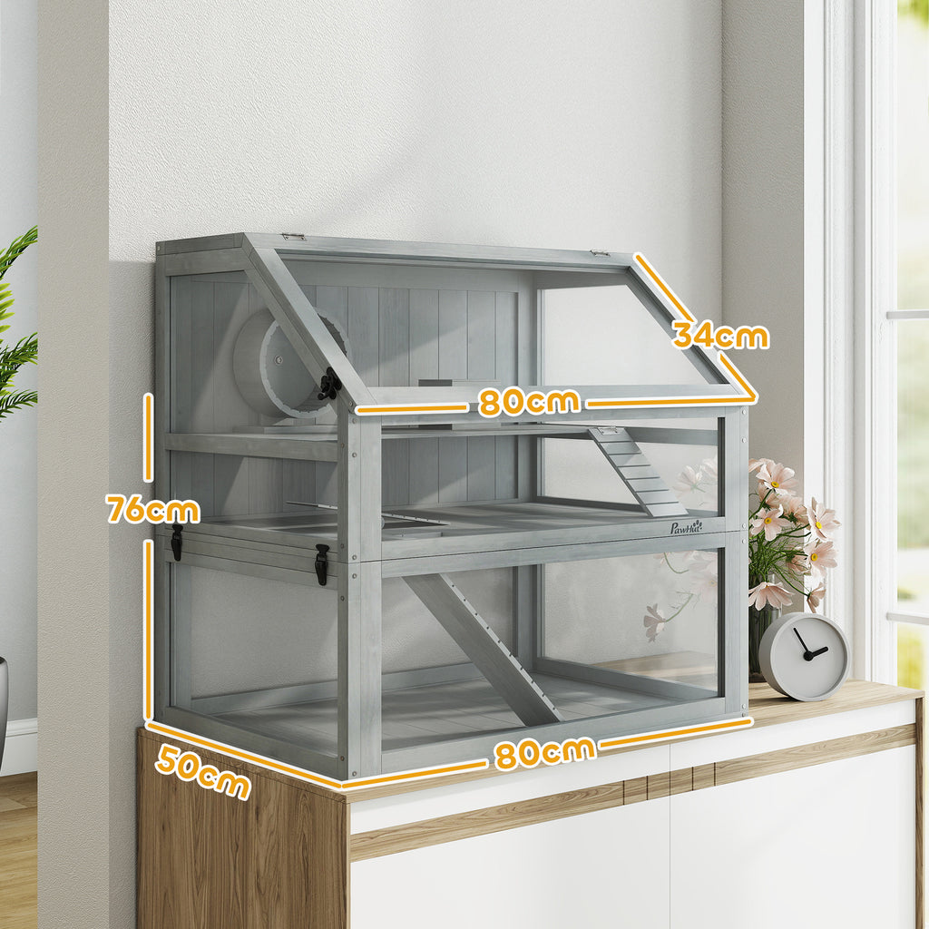 Jaula para hámster de madera 3 niveles con base profunda extraíble, 80x50x76 cm, gris claro-2