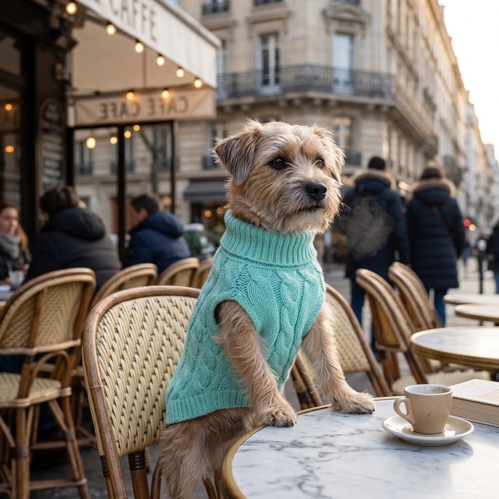 Perro con jersey verde menta de punto trenzado en la terraza de una cafetería parisina